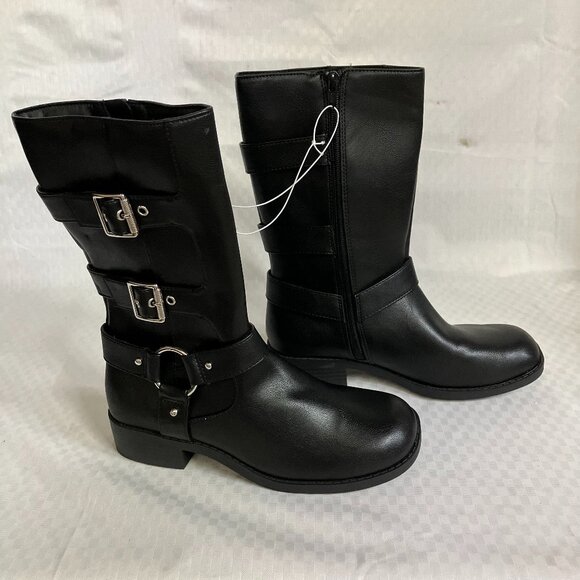 NWT Art Class Kids' Girls' 5 Black Dee Tall Buckle Boots Leather Side Zip - Picture 1 of 8